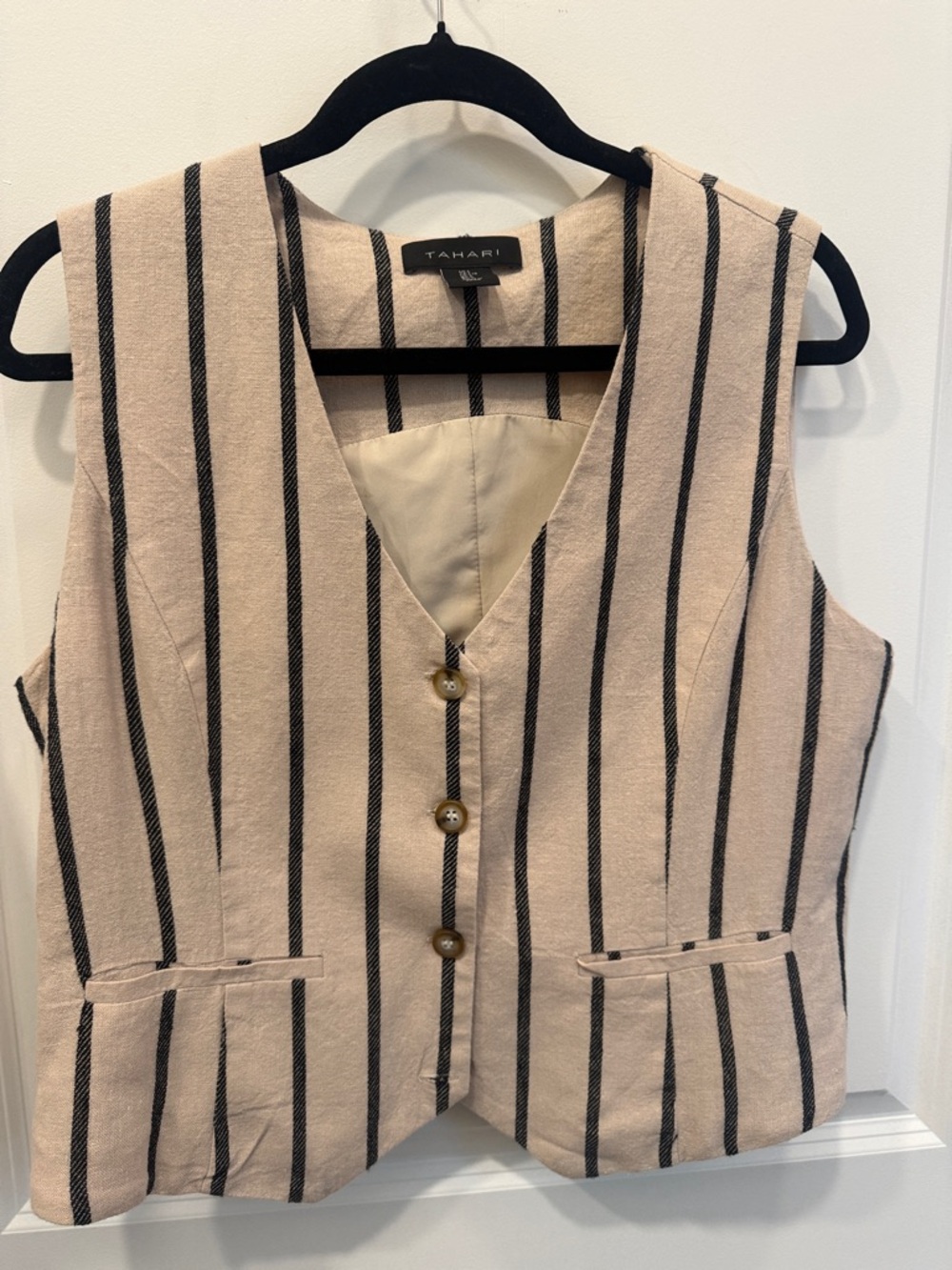 Tahari Blush and Black Striped Button-Front Vest